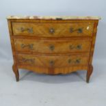 A French walnut serpentine-front chest of 3 long drawers, with marble top, on cabriole legs, 111 x