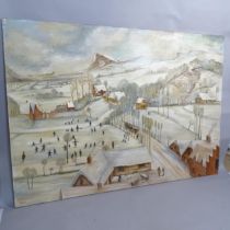 Hibbett, a large oil on board, panoramic village winter scene, 117cm x 163cm