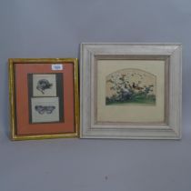 A Chinese watercolour on rice paper, exotic birds and flowers, 13cm x 18cm, and 2 smaller Chinese