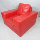 A mid-century style faux leather-upholstered cube armchair, overall 105 x 95 x 100cm, seat 50 x 38 x