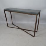 A contemporary industrial console table, with painted wooden top on metal frame, with label for