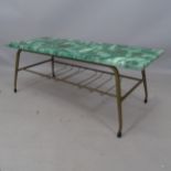 A faux marble-top rectangular coffee table, on painted metal base, with under-tier, 108 x 39 x 41cm