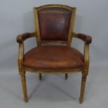 A Continental walnut and leather-upholstered open arm chair