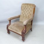 A Victorian mahogany and button-back upholstered open armchair