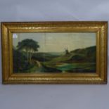 A Victorian watercolour, figures on a country path looking towards a windmill, signed and dated