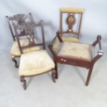 An Edwardian mahogany and satinwood-inlaid prayer chair, a piano stool, and a pair of mahogany