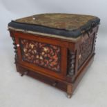 An Arts and Crafts rosewood Canterbury stool, with lifting top and single fitted drawers, 53 x 48 x