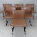 A rare set of 6 Pieff designer dining chairs in leather, with angled flat bar cantilever chrome