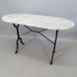 An oval marble-top garden table, on cast-iron frame, 120 x 72 x 60cm