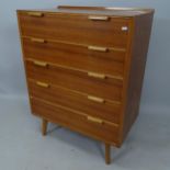 A mid-century teak chest of 5 long drawers, 70 x 103 x 45cm