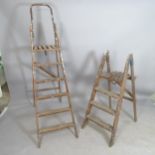 2 Vintage industrial folding wooden step ladders, largest 170cm