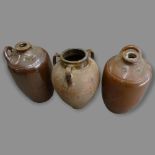 2 salt glazed terracotta olive jars, and a similar 3-handled terracotta vessel, tallest H55cm