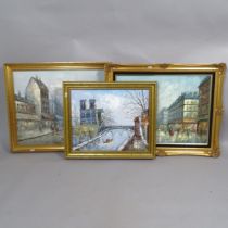 3 oils on canvas, Parisian scenes, all gilt-framed, modern