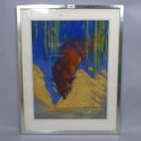 Pastels and crayon, fox at a riverbank, indistinctly signed, image 57cm x 43cm, overall 74cm x 59cm,
