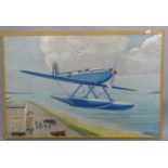 P R J Sullivan, oil on canvas, seaplane over Calshot Airfield, 62cm x 92cm overall, unframed