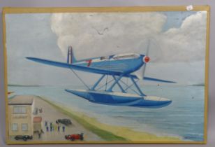P R J Sullivan, oil on canvas, seaplane over Calshot Airfield, 62cm x 92cm overall, unframed