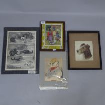 A Louis Wain Victorian monochrome print, 2 other Louis Wain prints, and watercolour, study of a
