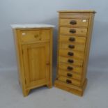 A pine marble-top pot cupboard, 42 x 78 x 37cm, and a narrow pine chest of 9 drawers, 36 x 94 x 27cm