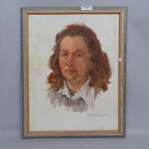 Judy Pennefather (Australian), oil on board, portrait of a lady, signed, 48cm x 38cm overall, framed