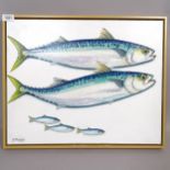 Clive Fredriksson, oil on canvas, study of mackerel and whitebait, 44cm x 54cm overall, framed