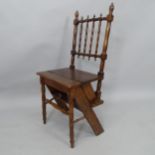 A 19th century oak metamorphic chair, converting to library steps, with turned spindle back and legs