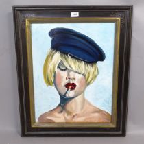 Clive Fredriksson, oil on board, the smoking girl, 69cm x 59cm overall, framed