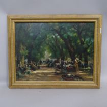 S Raul, oil on board, Continental scene, figures in the park, 37cm x 47cm overall, framed