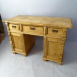 A Vintage polished pine kneehole writing desk, with 3 fitted drawers and cupboards under, 126 x 80 x