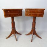 A pair of mahogany and satinwood-strung lamp tables, with 2 frieze drawers, raised on octagonal