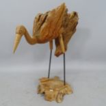 A carved wooden sculpture, study of an egret, unsigned, H69cm