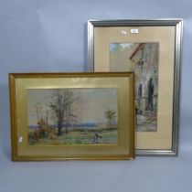 Watercolour, Continental street view, indistinctly signed, and another, farming folk, both framed (