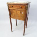 A Continental mahogany marble-top single drawer pot cupboard, with ormolu mounts and carved and