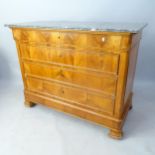 A French walnut marble-top chest of 4 long drawers, 128 x 99 x 58cm