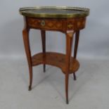 An Antique French inlaid leather-topped 2-tier occasional table, with brass gallery and drawer, 50 x