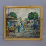 D Malik, oil on canvas, Indian street market, 27cm x 30cm, framed