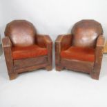 A pair of French leather Art Deco armchairs, 76 x 90 x 84cm, seat 54 x 44 x 55cm