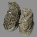 2 similar weathered concrete pig garden ornaments, largest 40 x 35 x 18cm