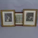 Watercolour, stylised French river view, signed, and a pair of erotic French prints, all framed (3)