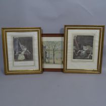 Watercolour, stylised French river view, signed, and a pair of erotic French prints, all framed (3)