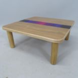 IAIN GLYNN, a low walnut veneer ply coffee table with straw work inserts, signed under top, H 25cm x