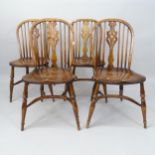 A set of 4 Antique elm-seated dining chairs, with crinoline stretcher
