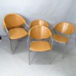 A set of 6 brown leather upholstered Calligaris stacking chairs, with maker's label
