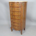 A Continental walnut serpentine-front marble-top chest of 7 drawers, on cabriole legs, 65 x 128 x