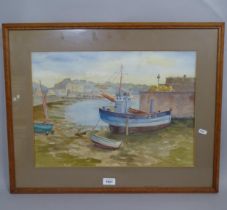 G Warsop-Hyde, watercolour, boats at Newlyn harbour, signed and dated 1958, image 35cm x 49.5cm,