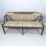 An Edwardian mahogany and satinwood-strung tapestry-upholstered settee, with inlaid foliate