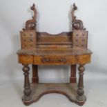 An Antique burr-walnut veneered Duchess dressing table, with raised back (lacking mirror), 106 x 134