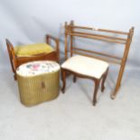 An early 20th century turned mahogany towel rail, L79cm, a Lloyd Loom Lusty laundry basket, an oak
