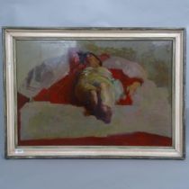 Oil on board, study of a reclining nude, unsigned, 65cm x 89cm overall, framed