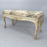 A Continental painted and upholstered duet stool, with lifting seat, 108cm x 55cm x 40cm