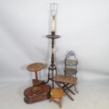 A mahogany standard lamp, height to bayonet 141cm, a brass and wrought-iron 3-tier, a milking